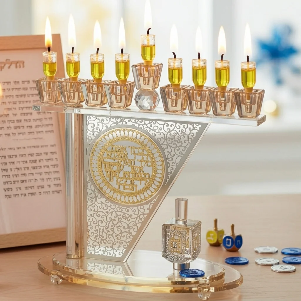 חנוכייה קריסטל מהודרת עם פלקטה ואבנים 27×28 ס״מ