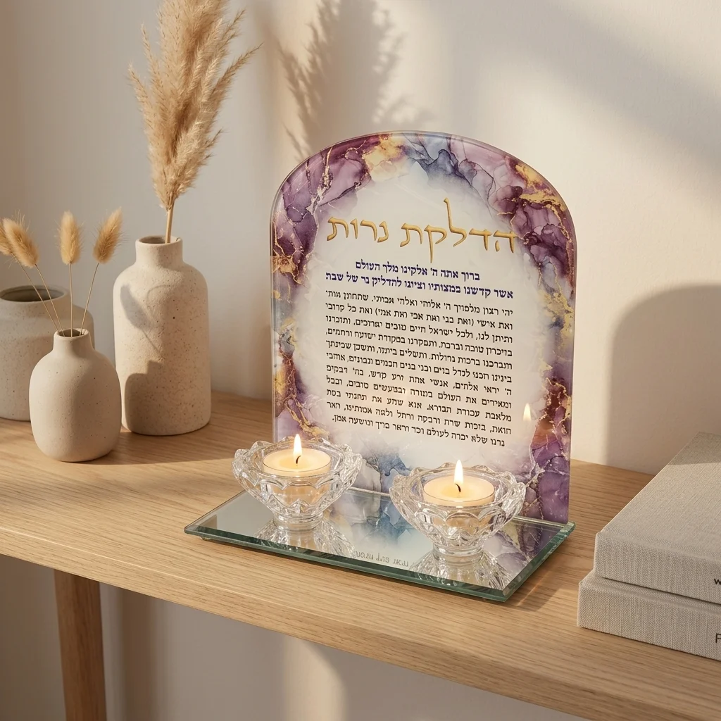 פמוטי זכוכית שיש ורוד עם טקסט זהב 18.5×16.5 ס״מ