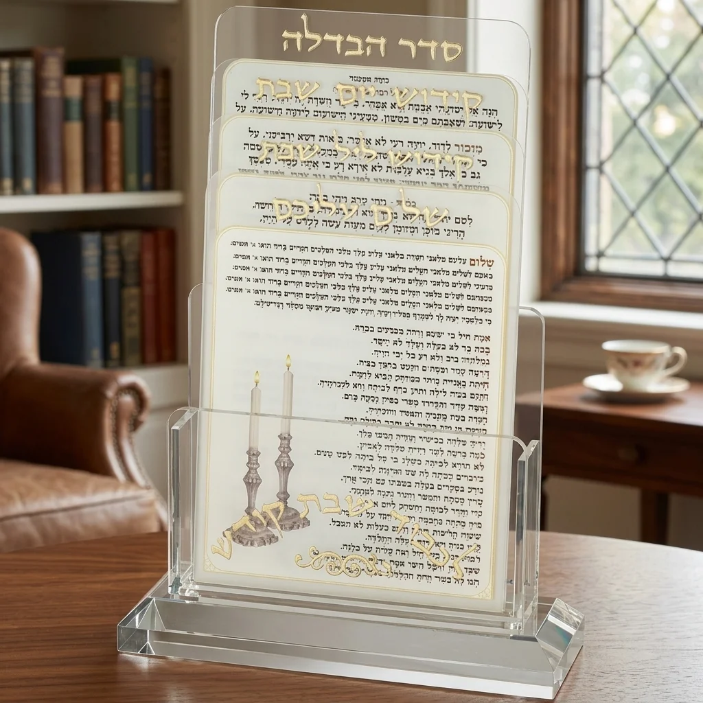 מעמד אקריליק לברכונים נוסח אשכנזי 21×16 ס״מ עם 4 ברכות לשבת