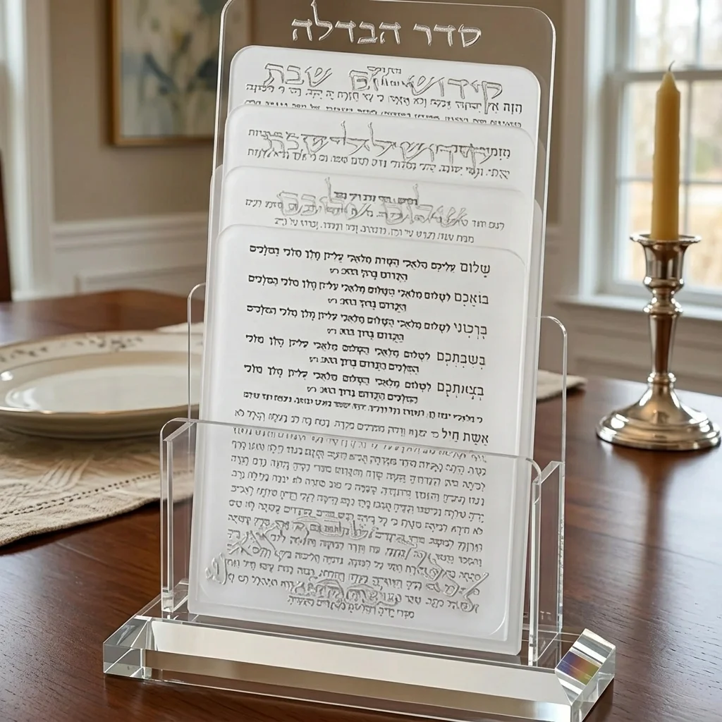 מעמד אקריליק לברכונים נוסח אשכנזי 21×16 ס״מ עם 4 ברכות לשבת