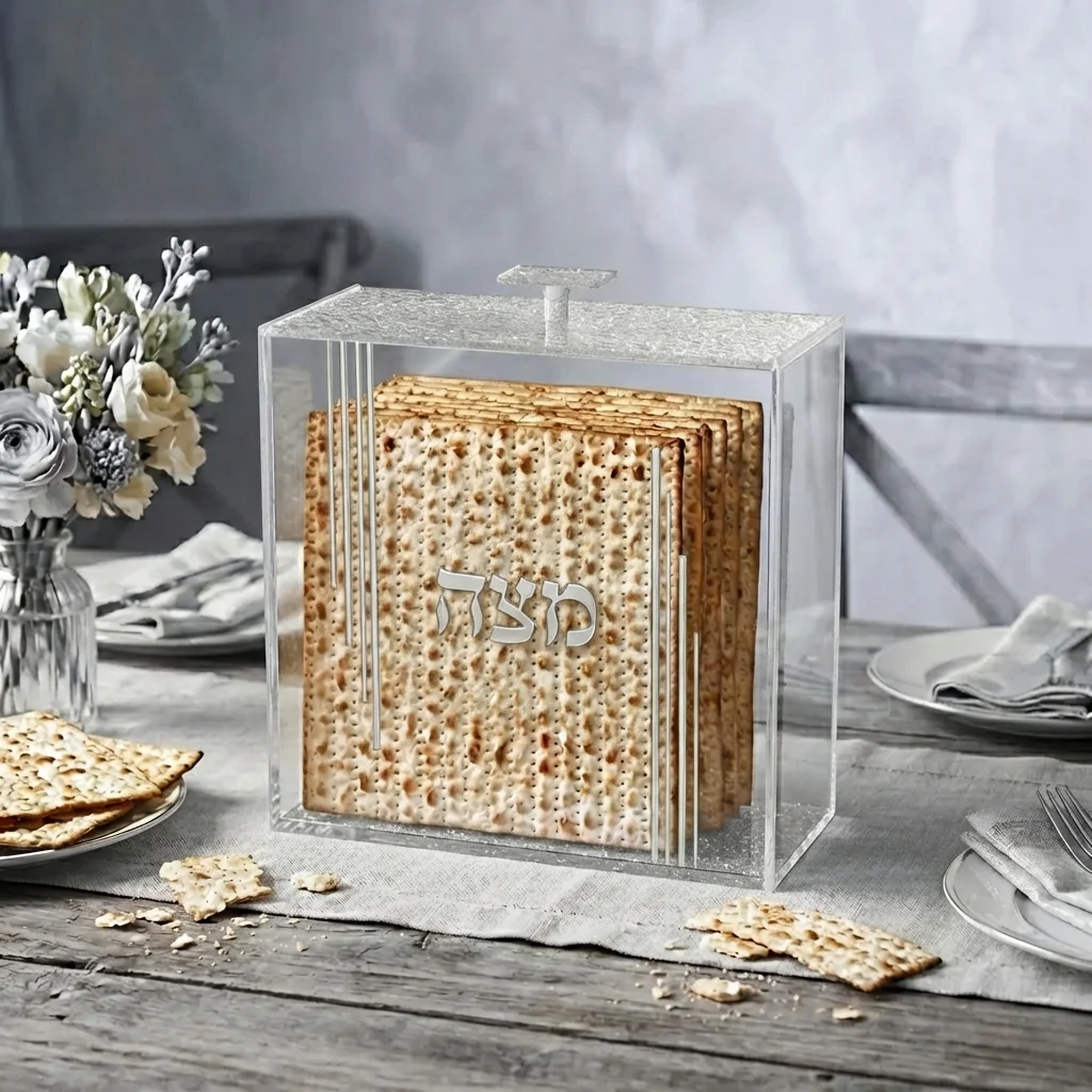 כלי למצה מאקריליק שקוף עם נצנצים 21×23 ס״מ