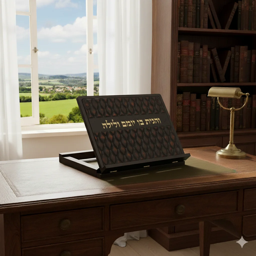 שטנדר מעץ עם פלקטה דמוי עור ואותיות בולטות 38×30 ס״מ