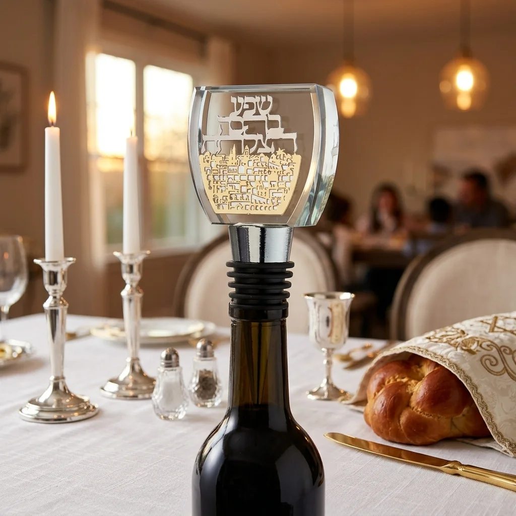 פקק רב פעמי לבקבוק יין מקריסטל עם פלקטה "נוף ירושלים"