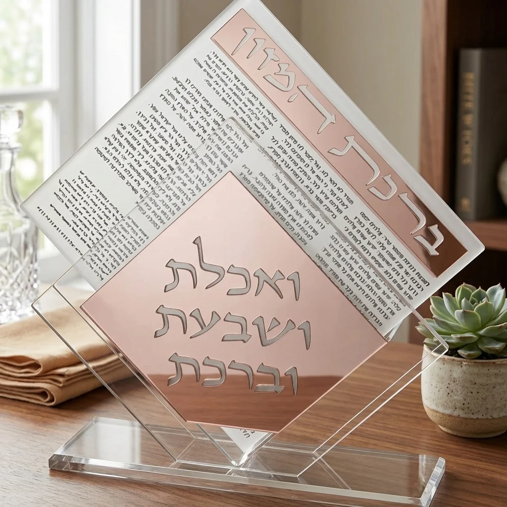 מעמד אקריליק נוסח אשכנזי 22×26 ס״מ עם 6 ברכונים זהב ורוד