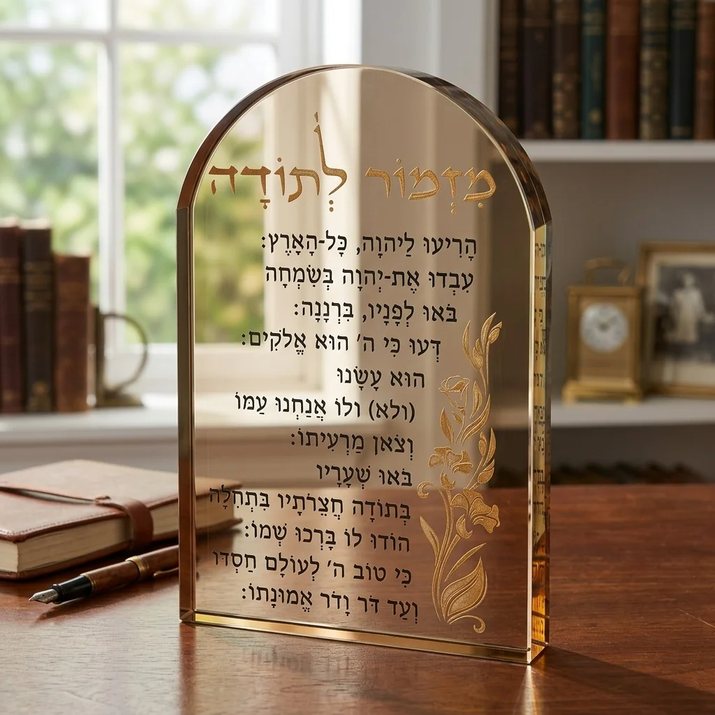מעמד קריסטל זהב מהודר עם מזמור לתודה 21 ס״מ