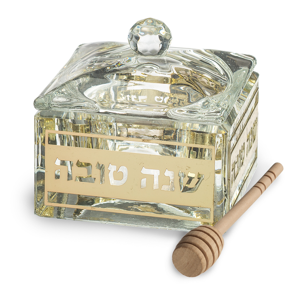 כלי מהודר לדבש מקריסטל עם פלקטה 7×7 ס״מ