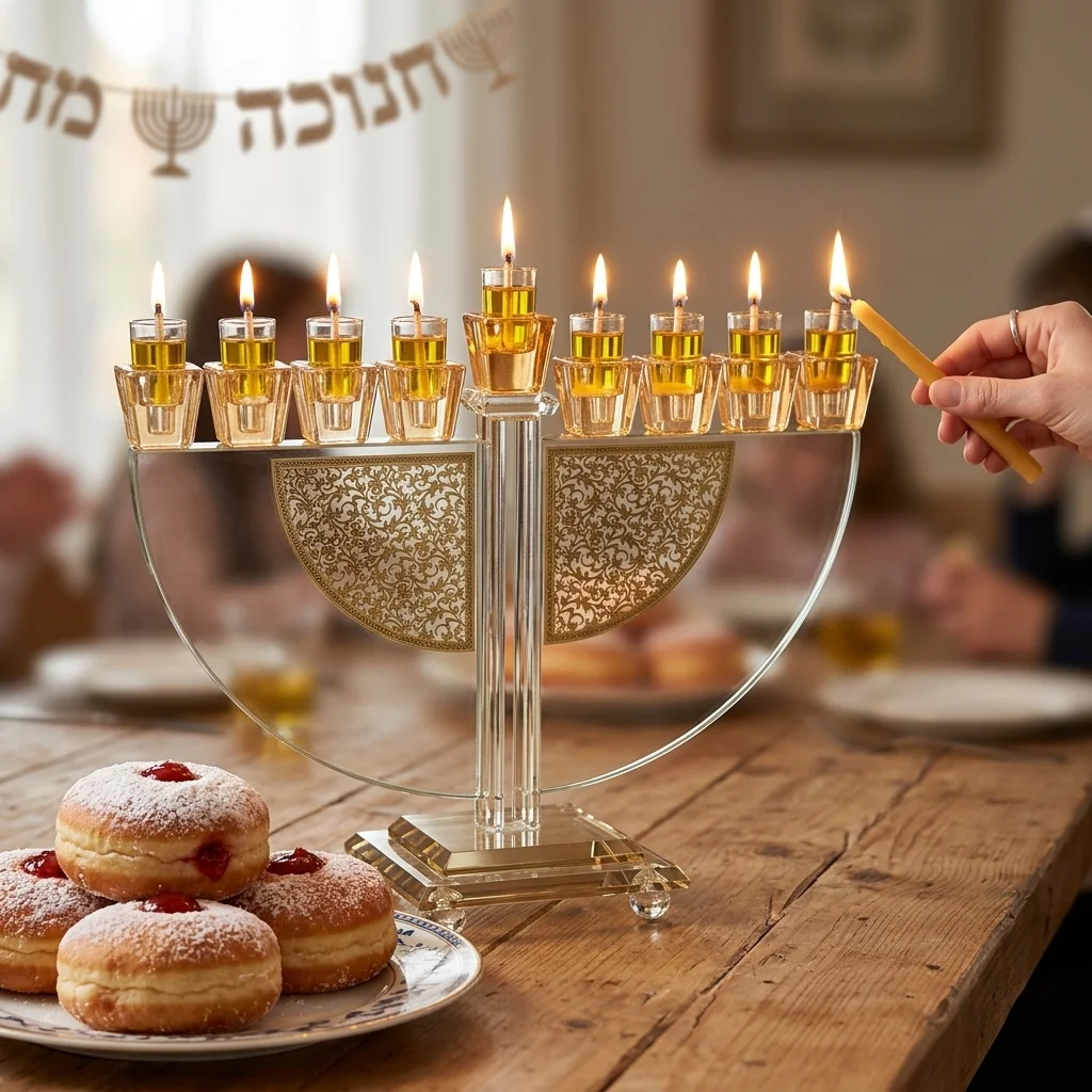 חנוכיה קריסטל עם פלקטה זהב 22 ס״מ