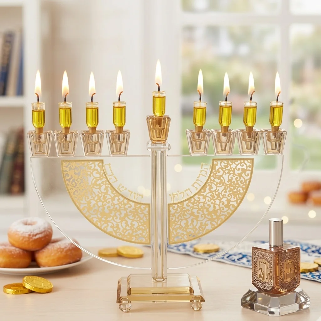 חנוכיה קריסטל עם פלקטה זהב 24×31 ס״מ