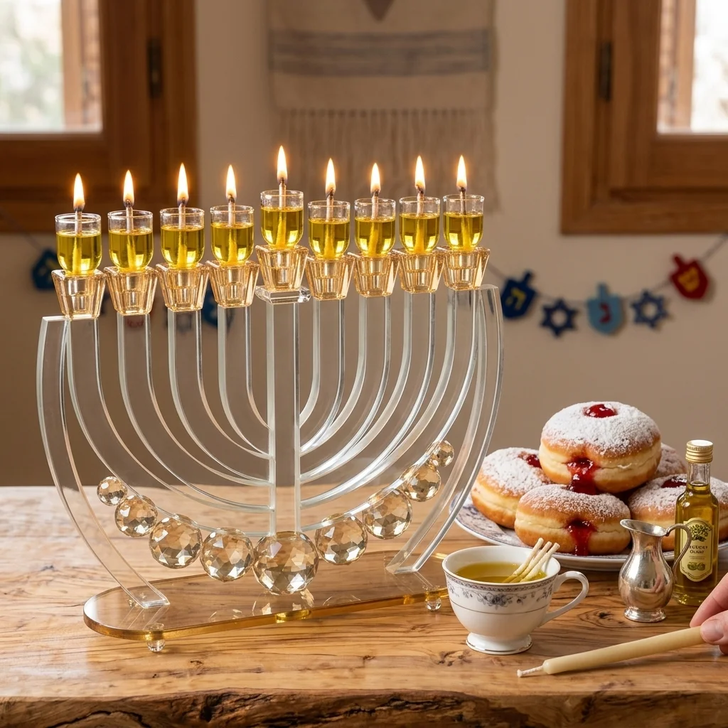 חנוכייה קריסטל עם כדורים זהב 25 ס״מ