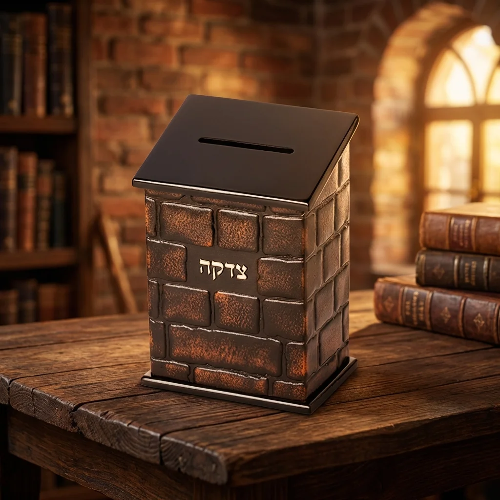 קופת צדקה עץ מהודרת עם פלקטה עור "כותל" 18 ס״מ
