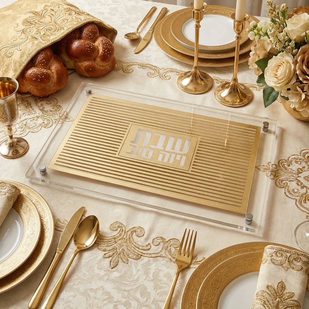 Glass Challah Tray 42*29 cm - Gold, Striped