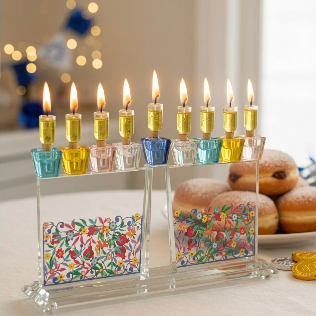 חנוכיה קריסטל קנים צבעוניים עם פלקטה צבעונית ירושלים 27×21 ס״מ