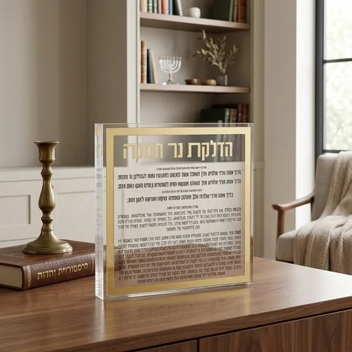 הדלקת נרות חנוכה בלוק אקריליק מסגרת זהב