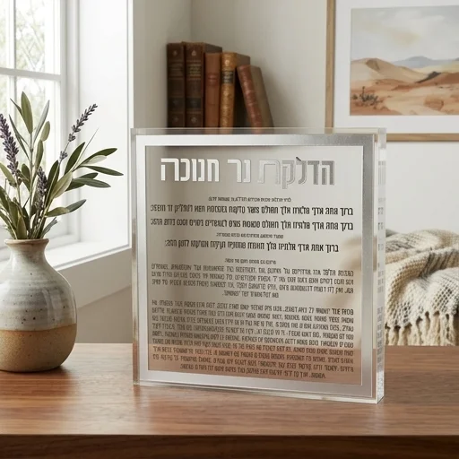 הדלקת נרות חנוכה בלוק אקריליק מסגרת כסף