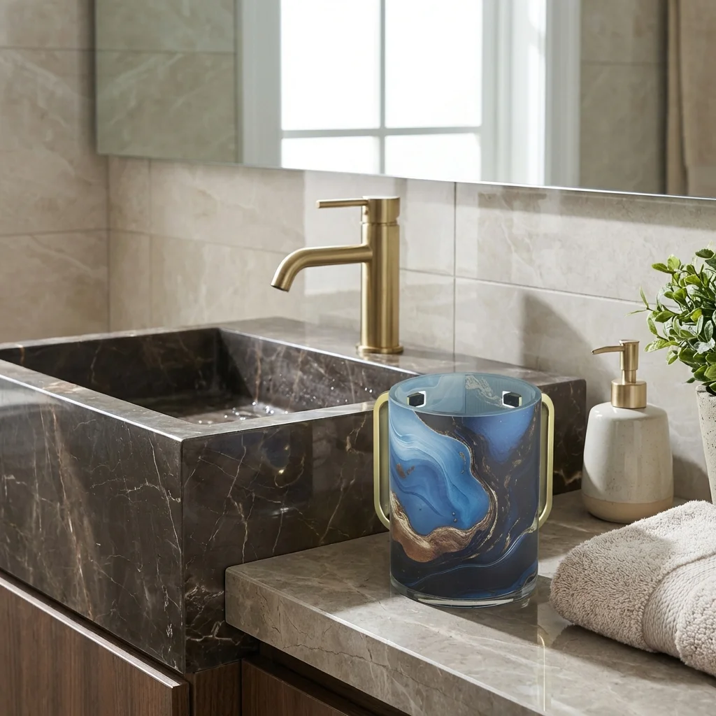Lucite Washing Cup 13 cm - Gold Handles - Dark Blue