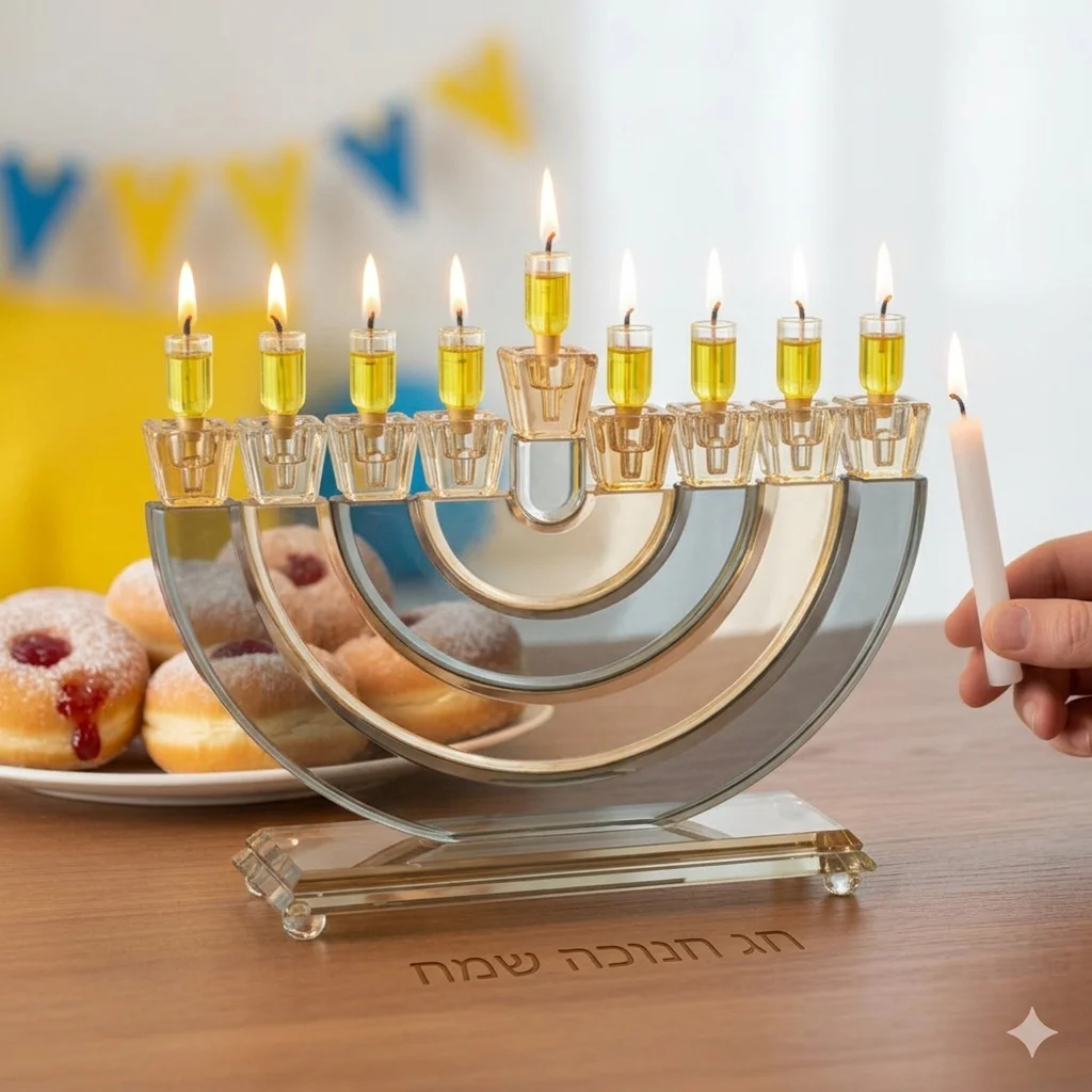 חנוכיה קריסטל גוף פסים חצי עיגול שחור זהב 21