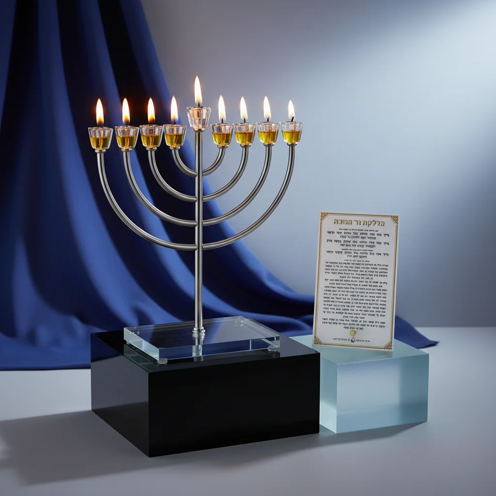חנוכייה "אור הזהב" מתכת כסף עם בסיס קריסטל 36סמ