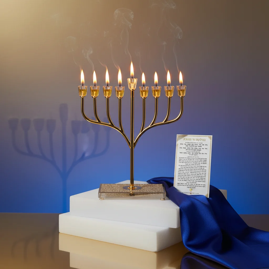 חנוכיה "אור הזהב" מתכת זהב עם בסיס קריסטל ופל