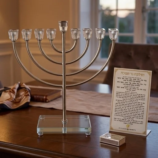 חנוכיה "אור הזהב" מתכת כסף עם קנים ובסיס ק