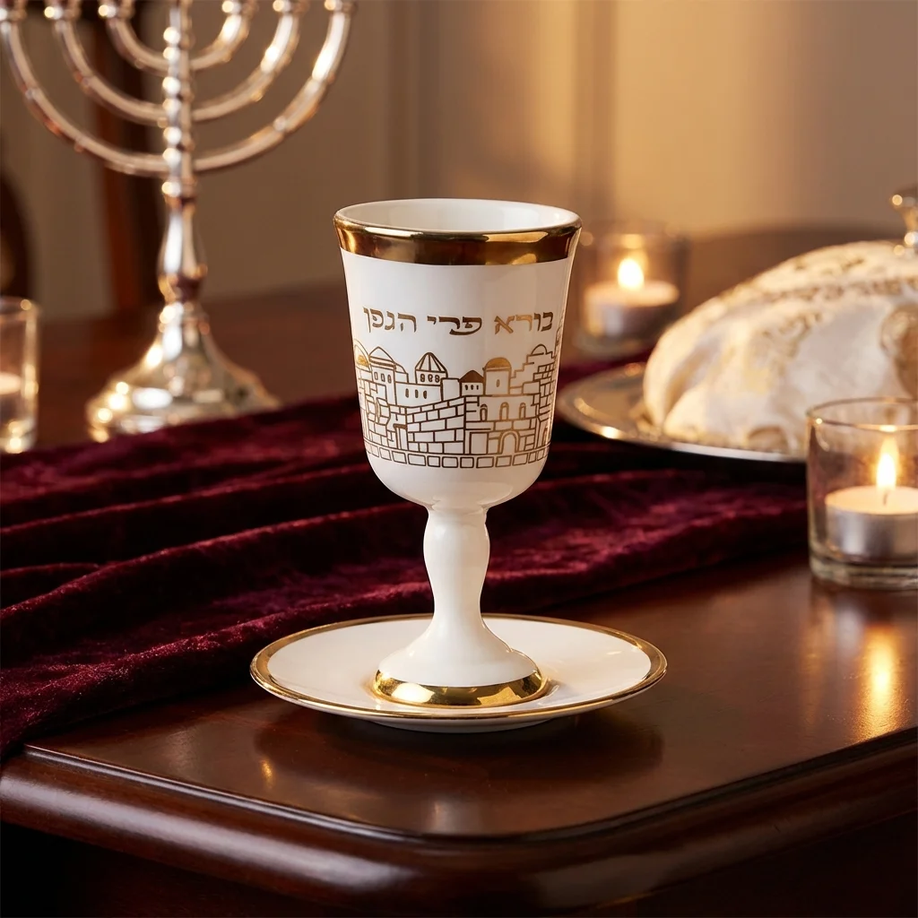גביע קידוש מהודר מקרמיקה עם רגל ותחתית 15 ס״מ