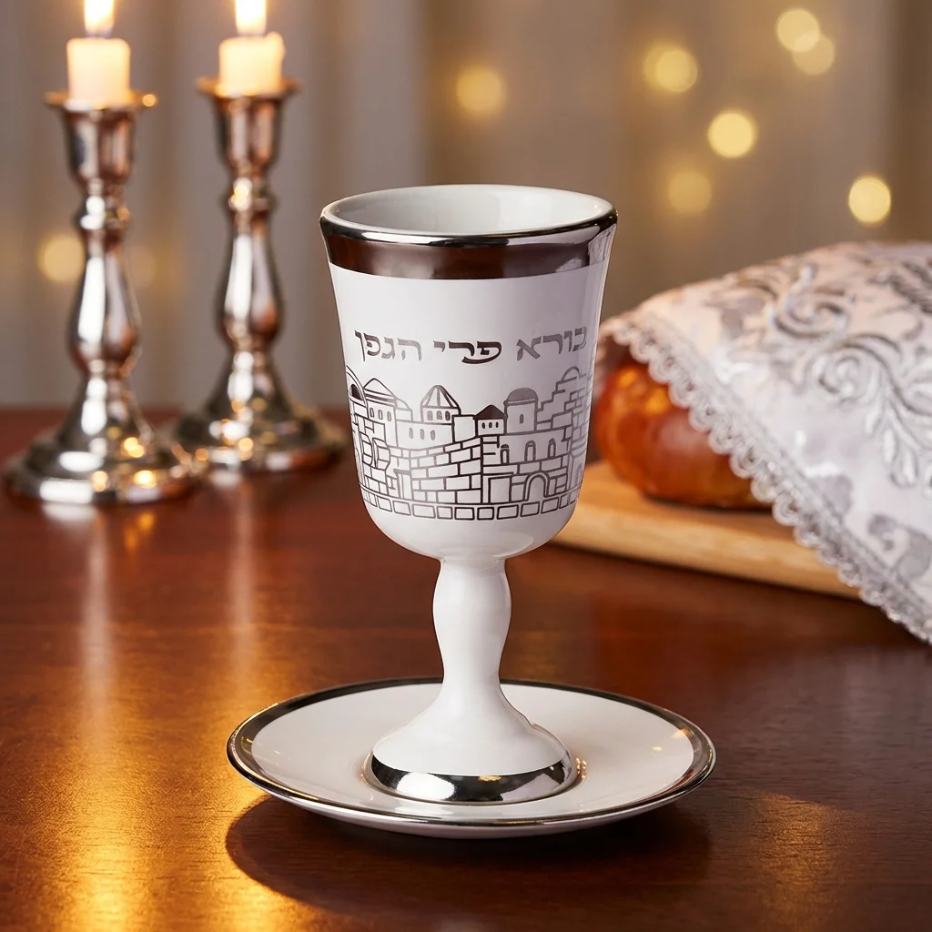 גביע קידוש מהודר מקרמיקה עם רגל ותחתית 15 ס״מ