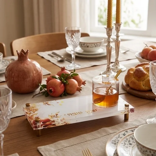 Lucite Set- Tray and Honey Dish 27*12 cm - Shana Tova, Gold