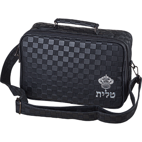 תיק טלית קטן גוון שחור דמוי עור מפואר אותיות בולטות "כתר" 23×36 ס״מ