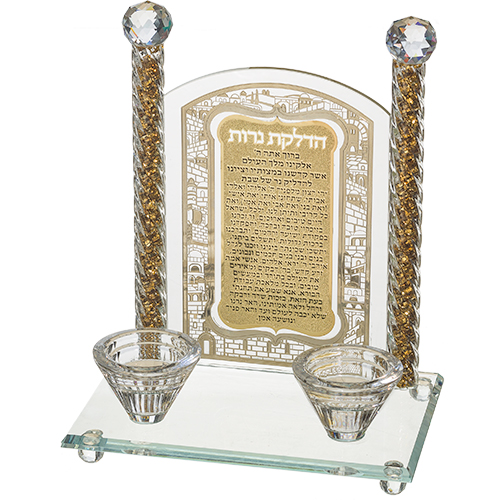 פמוטי קריסטל עם פלקטה הדלקת נרות "ירושלים" 24 ס״מ