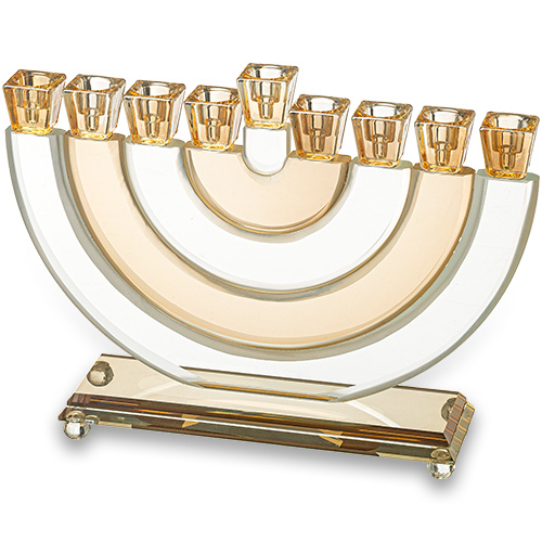 חנוכייה קריסטל גוף פסים חצי עיגול שקוף זהב 21 ס״מ