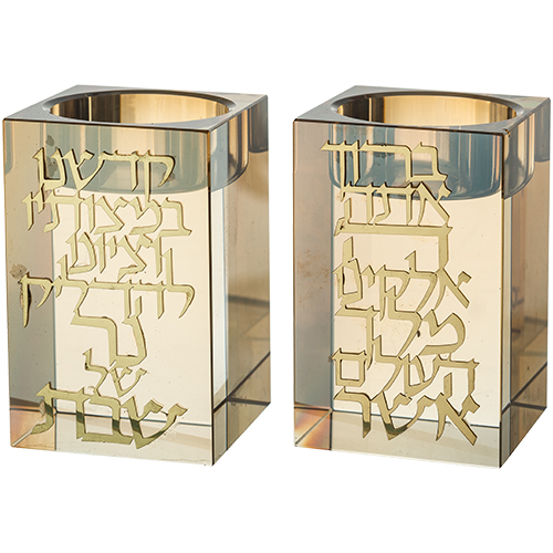 זוג פמוטי קריסטל מרובע עם פלקטה "הדלקת נרות" 8 ס״מ