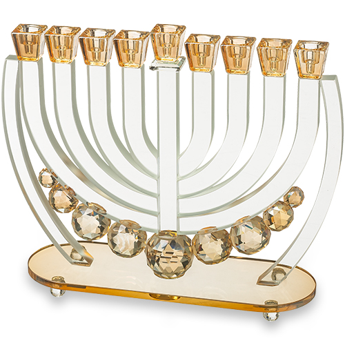 חנוכייה קריסטל עם כדורים זהב 25 ס״מ