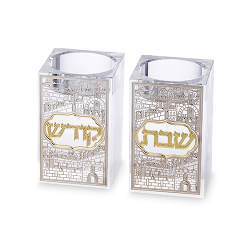 פמוטי קריסטל עם פלקטה "ירושלים" 7.5 ס״מ