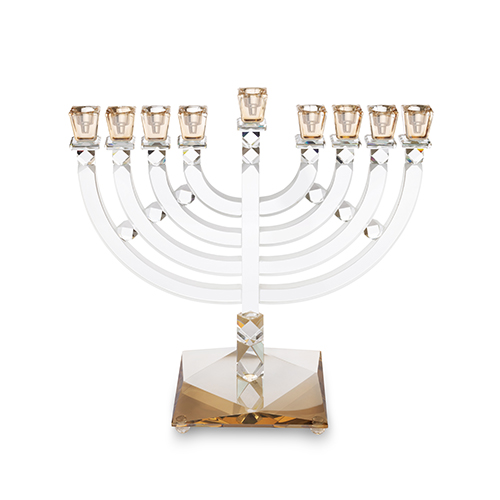 חנוכייה קריסטל שקוף קנים זהב עם בסיס זהב מרובע עם