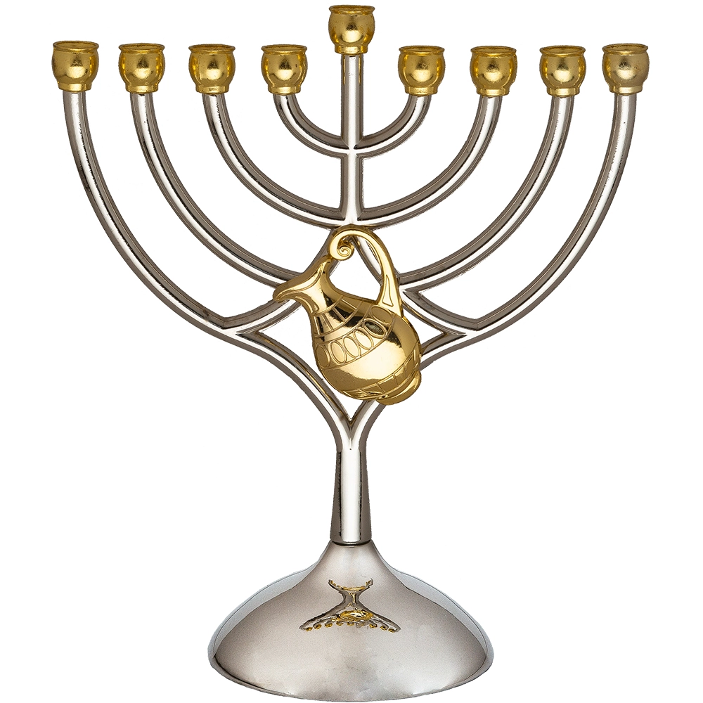 חנוכייה מתכת קנים זהב עם כד 18×16 ס״מ