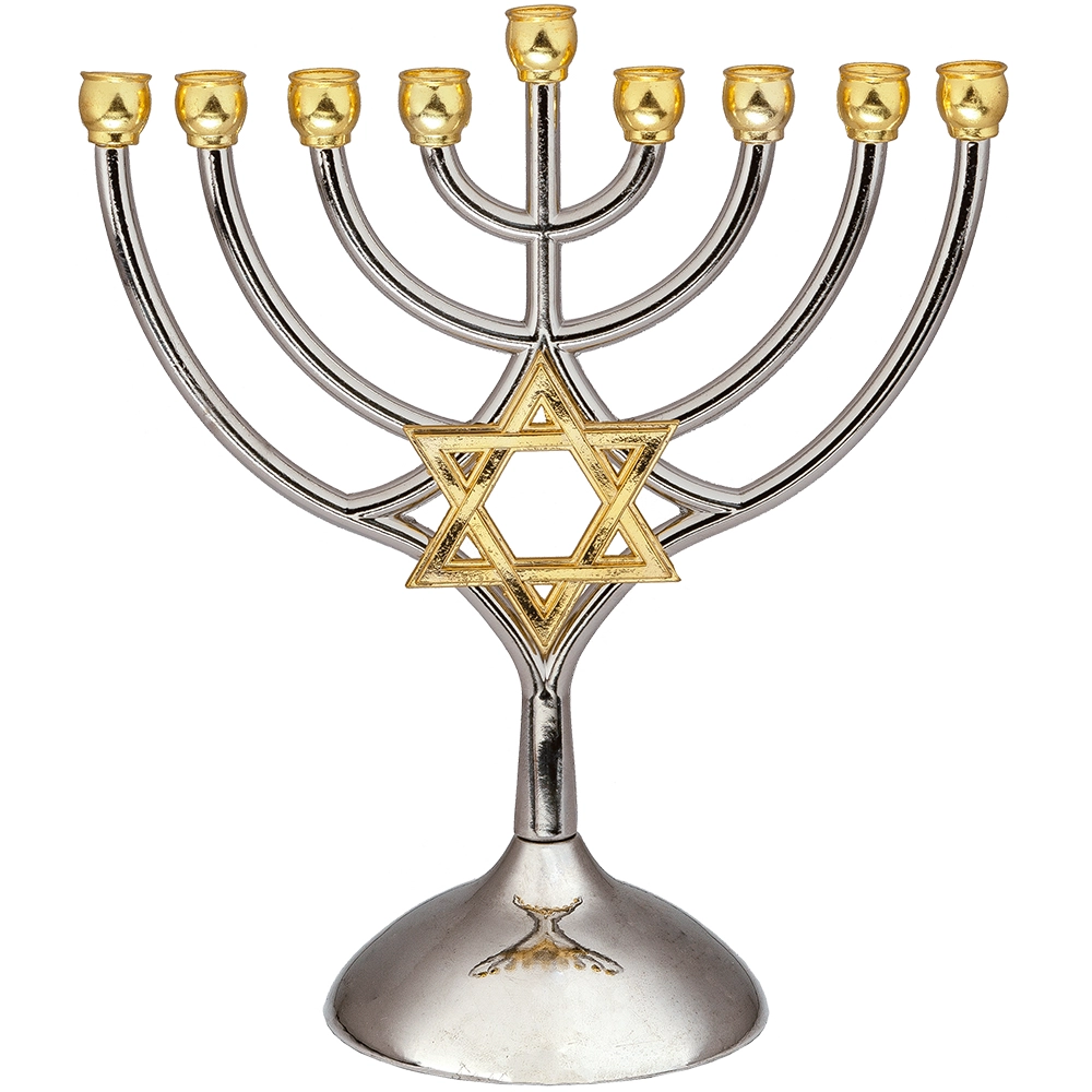 חנוכייה מתכת קנים זהב עם מגן דוד 18×16 ס״מ