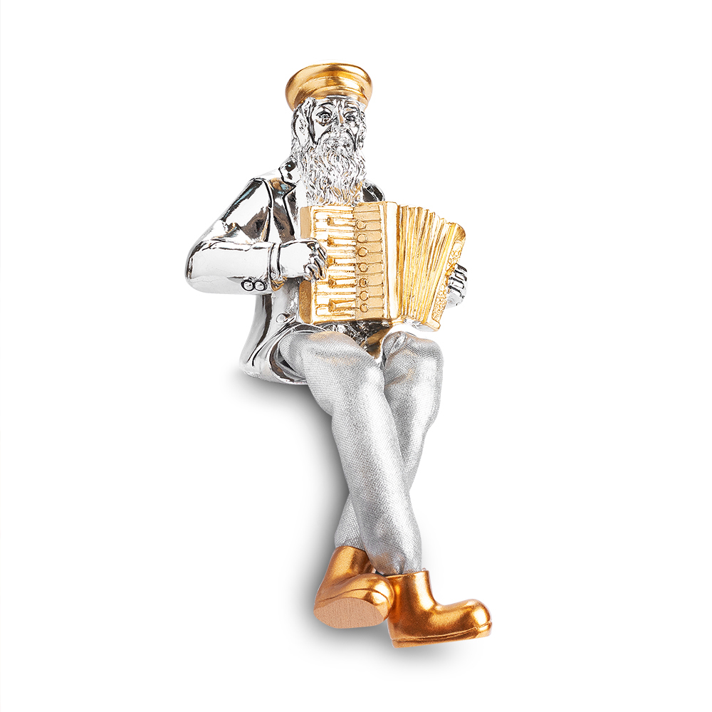 Silvered Polymer Sitting Hassidic Figurine with Cloth Legs 10.5 cm - Accordion Player