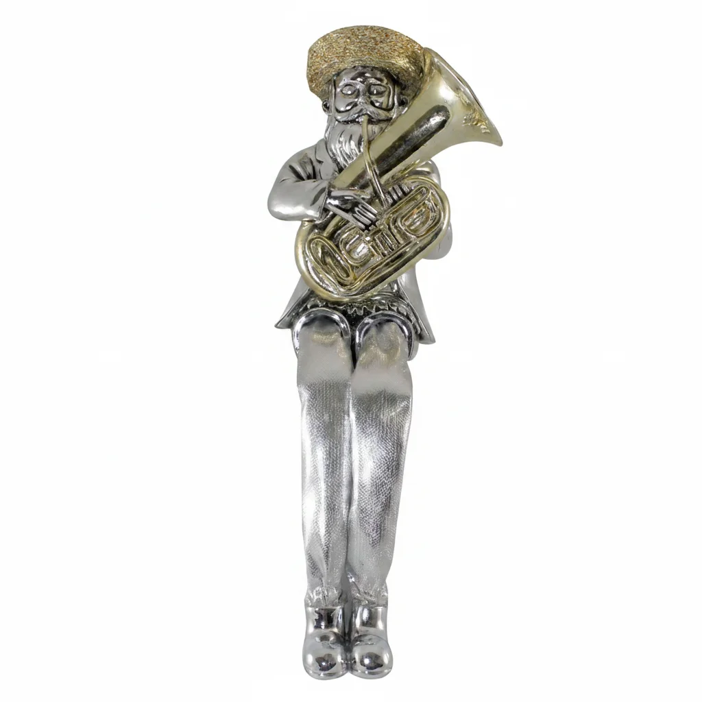 Silvered Polymer Sitting Hassidic Figurine with Cloth Legs 19 cm- Tuba Player