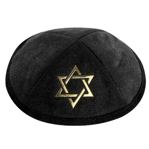 Black Ultra Suede Kippah 19 cm with Golden Embroidered Magen David and Pin Spot