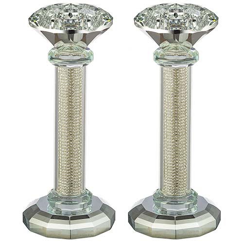 Pair of Crystal Candlesticks 16.5 cm with Stones - Silver