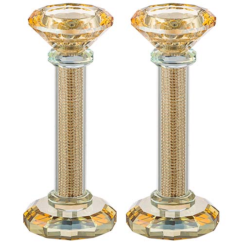 Pair of Crystal Candlesticks 16.5 cm with Stones - Gold