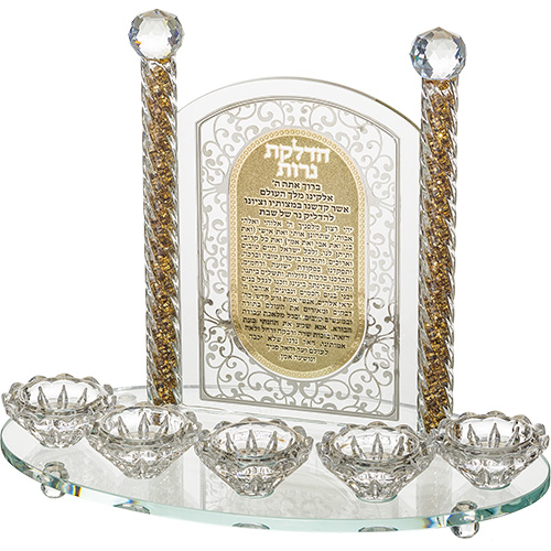 פמוטי קריסטל 5 קנים מהודרים עם פלקטה הדלקת נרות 25 ס״מ