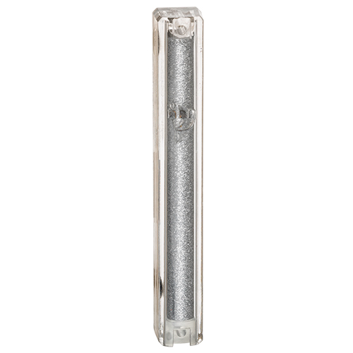 Plastic Glitter Clear Mezuzah with Rubber Cork 12 cm- with Silver Shin