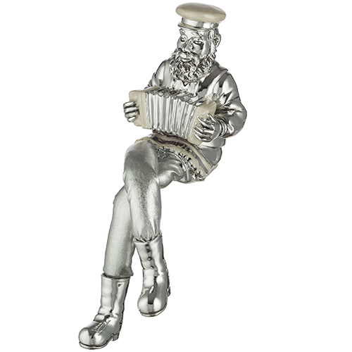 Polymer & Beige Enamel Sitting Hassidic Figurine with Cloth Legs 25 cm- Accordion Player - Silvered