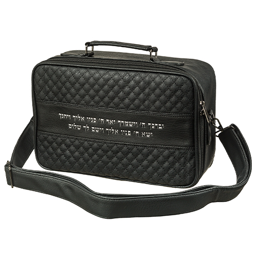 PU Leathere Fabric Talit 23*36 cm with Handle- Black with Embossed Letters