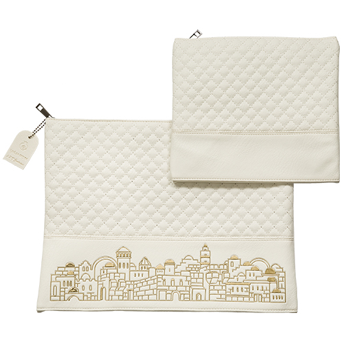 Leatherette Tallit - Tefillin Set 36*29 cm White with Embossed Texture - Gold