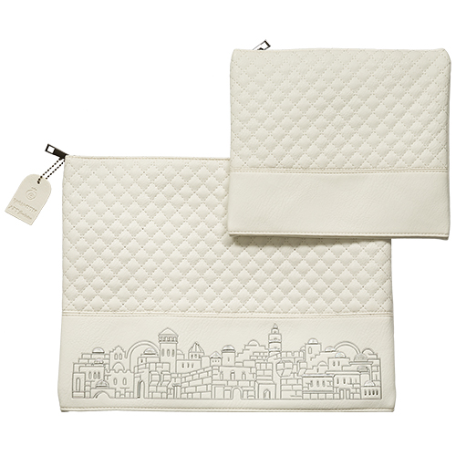Leatherette Tallit - Tefillin Set 36*29 cm White with Embossed Texture