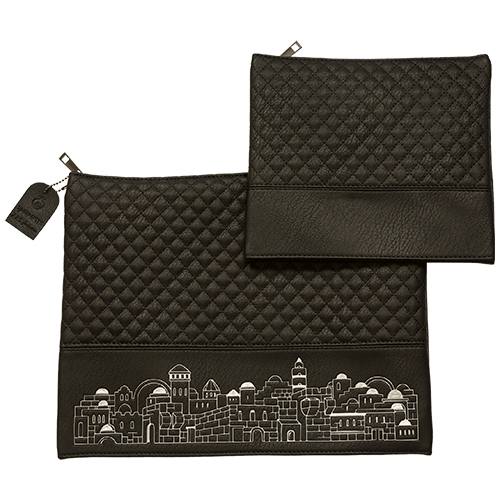 Leatherette Tallit - Tefillin Set 36*29 cm Black with Embossed Texture