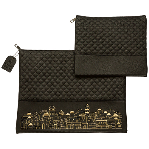 Leatherette Tallit - Tefillin Set 36*29 cm Black with Embossed Texture