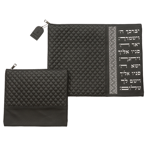 Leatherette Tallit - Tefillin Set 36*29 cm Black with Embossed Texture - Silver