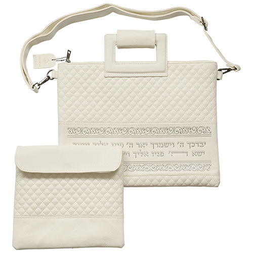 PU Leathere Fabric Talit & Tefilin Set 38*31 cm - White with Embossed Letters